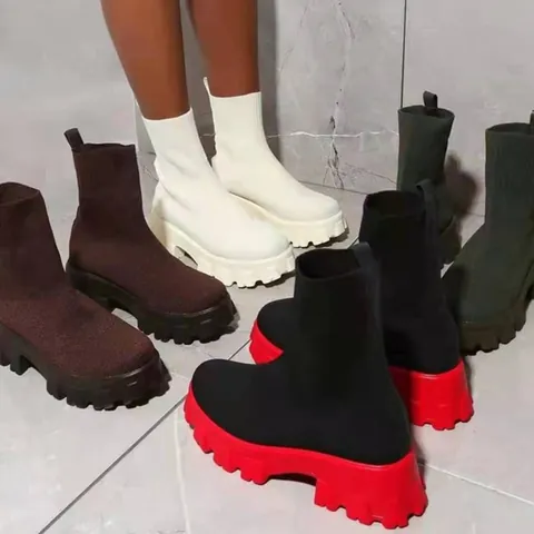 Vrouwen Mode Flyknit Soklaarzen Martin Stijl Ademend Mesh Platform Dikke Zool Enkellaarzen Herfst Casual Outdoor Schoenen