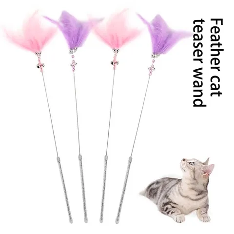 Interactive Cat Teaser Wand Toy With Natural Feather Metal Bell Artificial Pearl Colorful Beads For Kitten Play Exercise