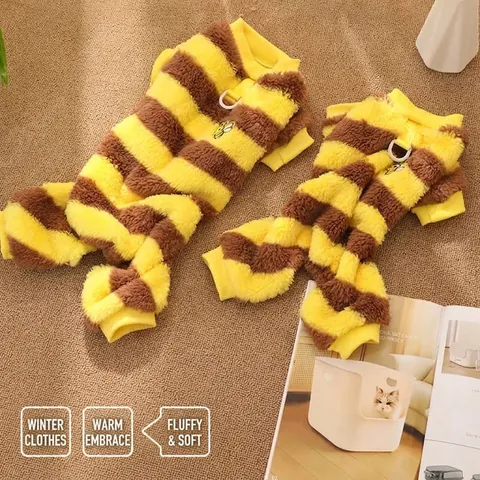Winter Thickened Fleece Dog Bee Clothes With Traction D-Ring Warm Striped Pet Jumpsuit Hoodie For Small Dogs Puppy