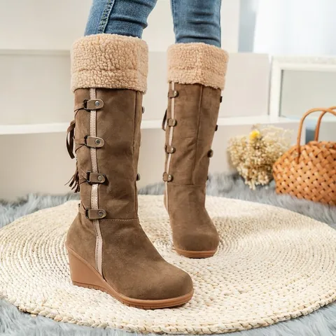 Women's Wedge Heel Snow Boots Faux Suede Fringe Tall Winter Cotton Boots Warm Plush Trim Slip-on Boots For Outdoor