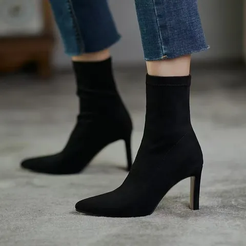 Damen Spitz Suede Stretch-Stiefel Mode Schwarz High Heel Stiefeletten Und Overknees Für Herbst Winter