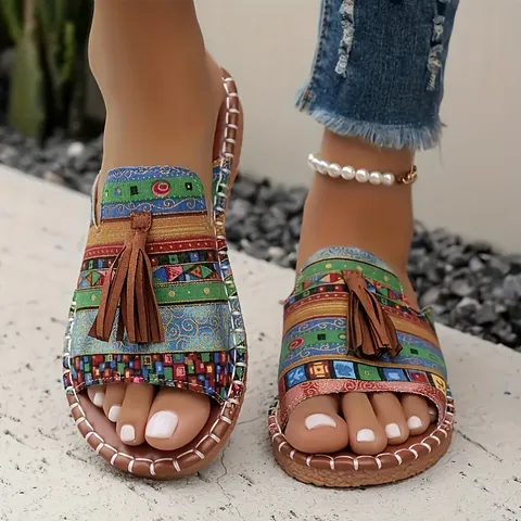 Pantofole Basse Bohemien da Donna Sandali da Spiaggia in Tessuto Etnico Con Nappine Slides Casual Estive All'aperto per Vacanze