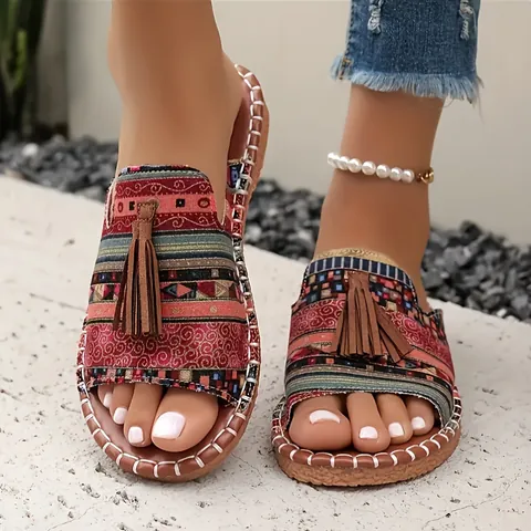 Pantofole Basse Bohemien da Donna Sandali da Spiaggia in Tessuto Etnico Con Nappine Slides Casual Estive All'aperto per Vacanze