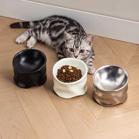 Moderne Keramik Haustierschüssel Schräger Nackenschutz Handgekniffene Textur Katzenwasserschale Hundefutter Napf Schräg Flach