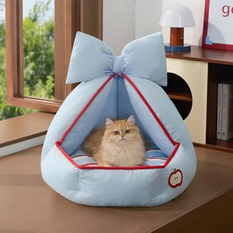 Cama para Gatos Semicerrada Cálida Tienda Con Decoración de Lazo Alfombrilla de Algodón Desmontable Villa para Mascotas Perros Gatos