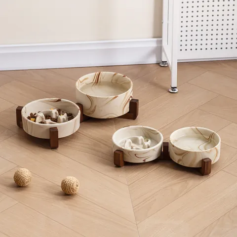 Bol pour Animaux en Céramique Motif Marbre Avec Support en Bois d'Acacia Gamelle Anti-Glouton Anti-Étouffement pour Chats Chiens Station de Nourrissage Surélevée