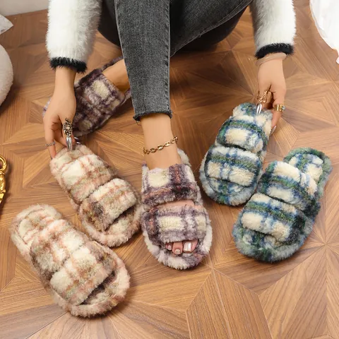 Plaid Plush Indoor Slippers For Women Men Warm Double Strap Faux Fur Home Shoes Anti-Slip Autumn Winter House Slides