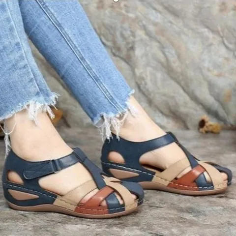 Retro Women's Roman Wedge Sandals Round Toe Cross Strap Buckle Color Block PU Leather Summer Fashion Platform Sandals