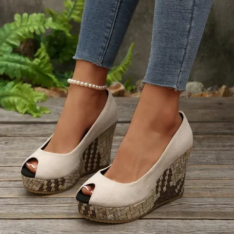 Damen Keilabsatz Peep Toe Sandalen Synthetisches Wildleder Hoher Absatz Pumps Geflochtene Textur Plattform Schuhe Große Größe
