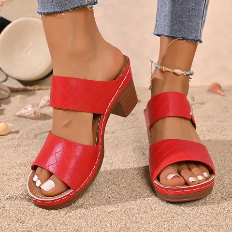 Sandales à Talons Épais en Suède de Vache Matelassé pour Femmes Mules à Bride Unique Bout Ouvert Surpiqûres Chaussures Décontractées