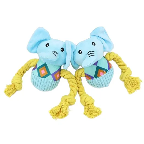 Giocattolo Peluche Cane Elefante con Squittio Corda di Cotone Resistente Gioco di Tira e Molla Interattivo per Masticazione Cani Blu Giallo