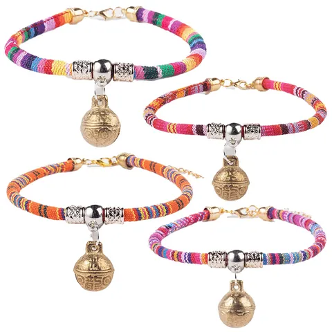 National Style Ethnic Woven Pet Collar With Vintage Bronze Bell Adjustable Neck Strap For Cats Small Dogs Puppies Kitten Jewelry