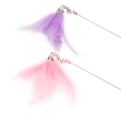 Interactive Cat Teaser Wand Toy With Natural Feather Metal Bell Artificial Pearl Colorful Beads For Kitten Play Exercise