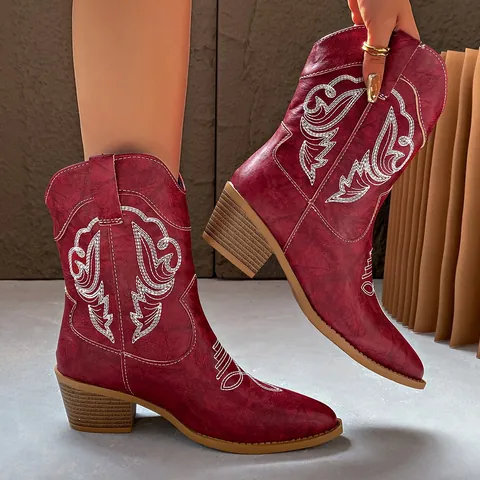 Botas de Vaquero Western Retro para Mujer Bordadas Piel de Oveja Tacón Cuadrado Cuello en V Botas de Caballero Punta Estrecha Moda Otoño Invierno