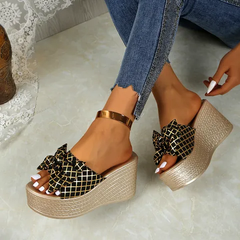 Women's Wedge Platform Slippers Bow Decor Peep Toe Summer Sandals Fashion PU Leather High Heel Slides Large Size Shoes