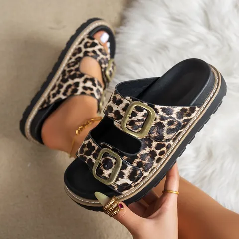 Sandales Plateforme Femme Style Birkenstock Doubles Boucles Métalliques Bout Ouvert Imprimé Léopard Crocodile Claquettes de Plage