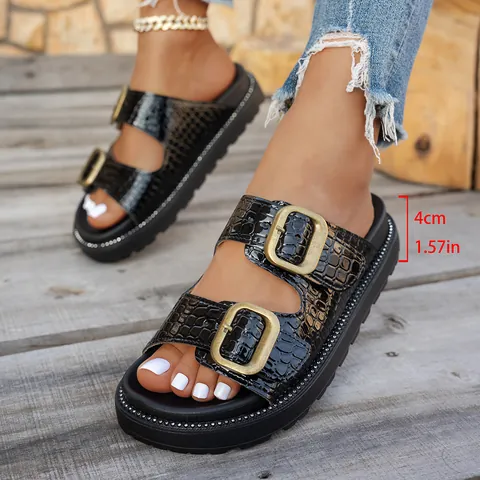 Sandales Plateforme Femme Style Birkenstock Doubles Boucles Métalliques Bout Ouvert Imprimé Léopard Crocodile Claquettes de Plage