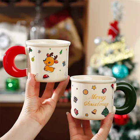 Mug en Céramique de Noël Rétro Avec Grande Poignée en C Adorable Mug à Café en Céramique Panda Ours Chat pour Maison Bureau