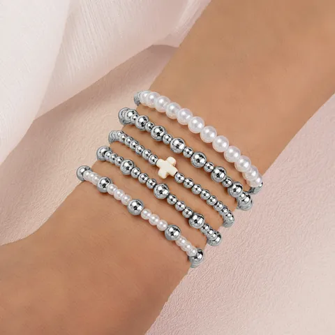 Women Western Stacking Bracelet Set Alloy Artificial Pearl Cross Heart Star Charm Beaded Elastic Stretchy Bangle Jewelry