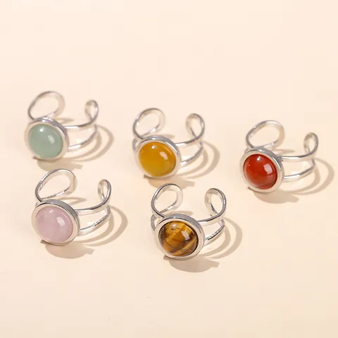 Women Fashion Stainless Steel Open Ring Natural Stone Round Cabochon Adjustable Band Red Agate Crystal Finger Ring Jewelry