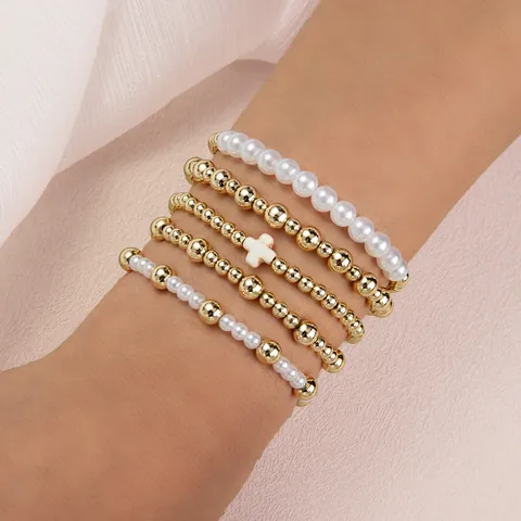 Women Western Stacking Bracelet Set Alloy Artificial Pearl Cross Heart Star Charm Beaded Elastic Stretchy Bangle Jewelry