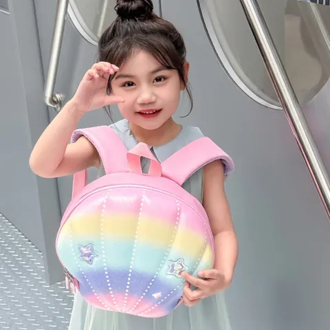 Linda Mochila Infantil con Forma de Concha de Arcoíris Lentejuelas de Estrella Impermeable Tela Oxford EVA Mochila Escolar