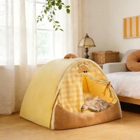 Enclosed Pet Tent House Warm Winter Cat Bed Indoor Small Dog Nest Cartoon Printed Plush Puppy Cave With Removable Cushion Cozy Pet Supplies