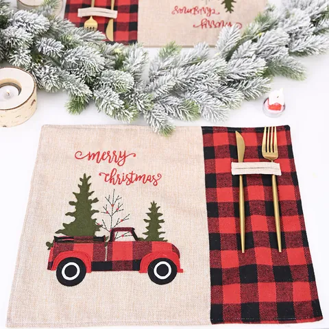 Christmas Buffalo Plaid Placemat Red Truck Pattern Linen Table Mat Holiday Dining Decor Cutlery Pocket Merry Christmas