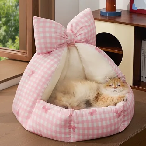 Cama para Gatos Semicerrada Cálida Tienda Con Decoración de Lazo Alfombrilla de Algodón Desmontable Villa para Mascotas Perros Gatos