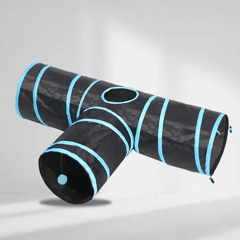Foldable T-Shaped 3-Way Cat Tunnel Toy Polyester Interactive Pet Tube For Kitten Indoor Exercise Hiding Training With Hanging Ball