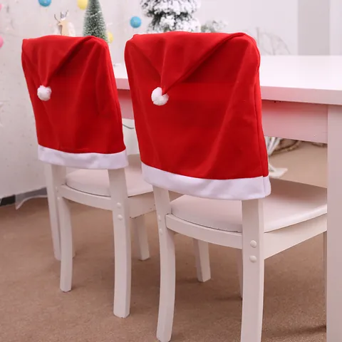 Red Santa Hat Christmas Chair Covers Festive Dining Seat Protector Brushed Fabric Decor For Home Hotel Restaurant Party