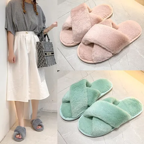 Chaussons de Maison en Fausse Fourrure à Brides Croisées pour Femmes Chauds Antidérapants Intérieur Peluche Chaussures Automne Hiver Couples