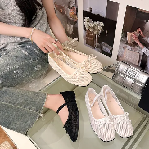Summer Breathable Mesh Mary Jane Shoes For Women Plus Size Bow Flat Ballet Shoes Lightweight Casual Walking Shoes