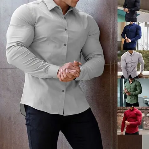 Men's Four-Way Stretch Anti-Wrinkle Shirt Slim Fit Long Sleeve Business Casual Button Down Solid Color Polyester Spandex Dress Shirt
