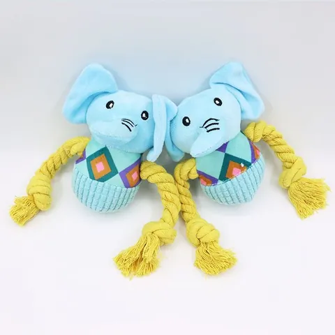 Giocattolo Peluche Cane Elefante con Squittio Corda di Cotone Resistente Gioco di Tira e Molla Interattivo per Masticazione Cani Blu Giallo