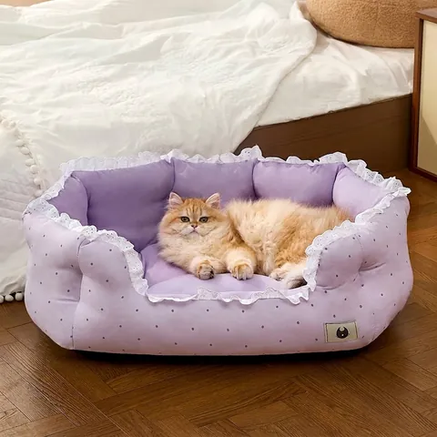Lit Canapé pour Animaux avec Bordure en Dentelle Florale Vintage pour Chats Petits Chiens Chaud Hiver Respirant Pois Coussin pour Chats Toutes Saisons