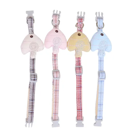 Adjustable Plaid Pet Collar With Cute Fish Pendant Soft Polyester Webbing Safety Buckle Neck Strap For Cats And Small Dogs