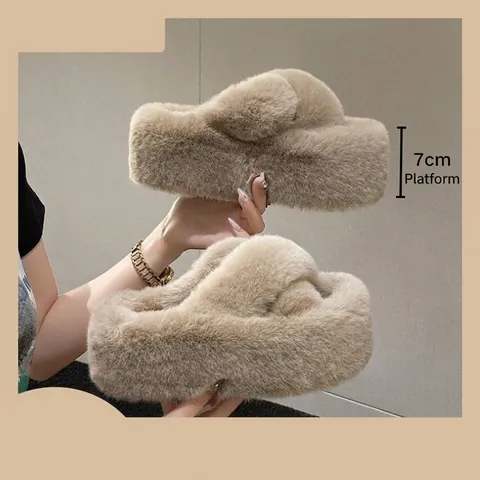 Women Faux Fur Wedge Platform Slippers Thick Sole Fuzzy Outdoor Slides Autumn Winter Warm Slip On Shoes