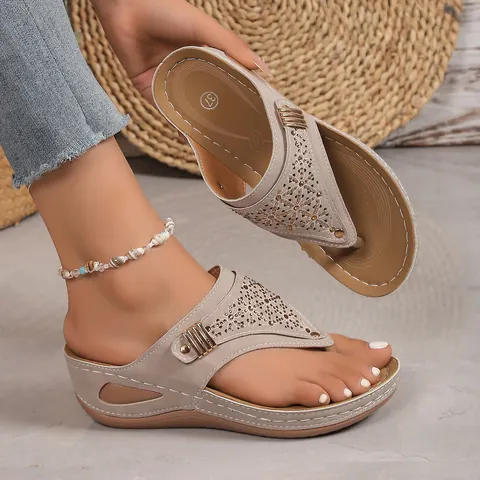 Women's Fashion Casual Wedge Sandals Rhinestone Hollow Out Platform Flip Flops Comfortable PU Leather Slide Slippers Summer Beach Shoes