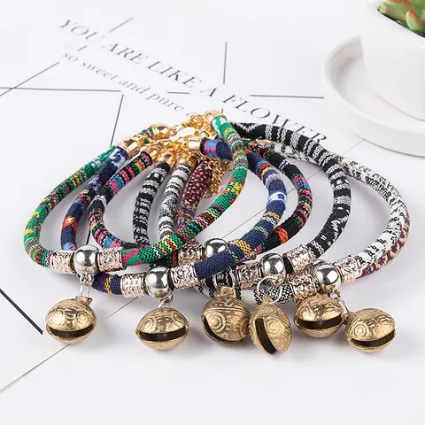 National Style Ethnic Woven Pet Collar With Vintage Bronze Bell Adjustable Neck Strap For Cats Small Dogs Puppies Kitten Jewelry