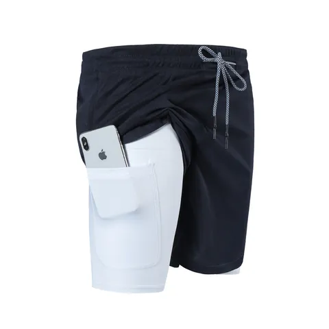 Men's 2-in-1 Fitness Shorts Breathable Mesh Running Training Double Layer Shorts With Phone Pocket Zipper Pocket Bottom