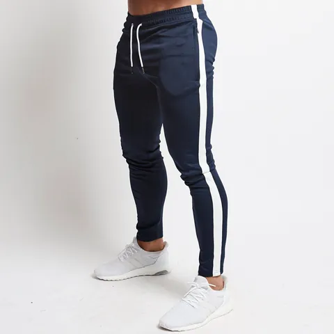 Men Tapered Sports Joggers Slim Fit Cotton Blend Sweatpants Side Stripe Drawstring Casual Outdoor Fitness Running Bottoms
