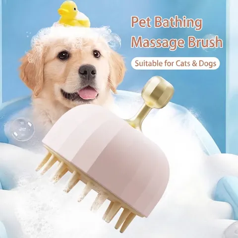 Silicone Pet Bath Massage Brush For Dogs Cats Soft Bristles Grooming Cleaning Tool With Ergonomic Golden Electroplated Handle