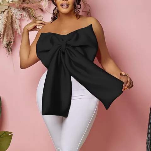 Women Sexy Large Bow Off-Shoulder Tube Top Polyester Spandex Sleeveless Slim Fit Crop Top Pullover Strapless Shirt For Party