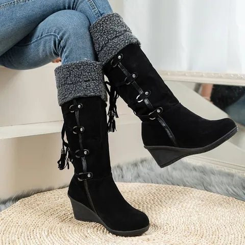 Women's European American Style Faux Suede Fringe Snow Boots Warm Faux Fur Trim Wedge Mid-Calf Back-Lace Winter Boots