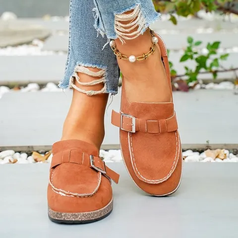 Women's Frosted Faux Suede Closed Toe Mules Metal Buckle Platform Sole Birkenstock Style Sandals Casual Outdoor Slip-On Lazy Half Slippers