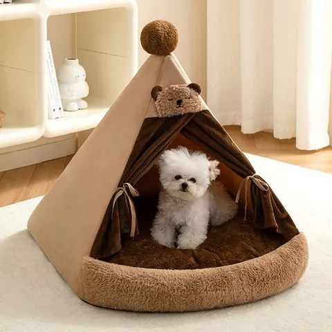 Cama de Tienda para Mascotas Cerrada y Cálida para Gatos y Perros Pequeños Casa de Cachorro Interior con Decoración de Oso