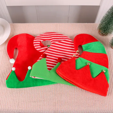 Festive Christmas Elf Hat With Bell Plush Ball Red Green Striped Color Splicing Christmas Hat For Holiday Party Costume Accessory