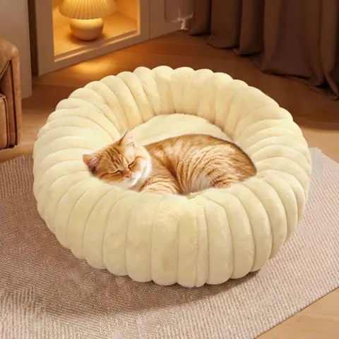 Faux Rabbit Fur Round Pet Bed Calming Donut Cuddler For Cats And Dogs Washable Warm Winter Thickened Plush Shell Texture Nest