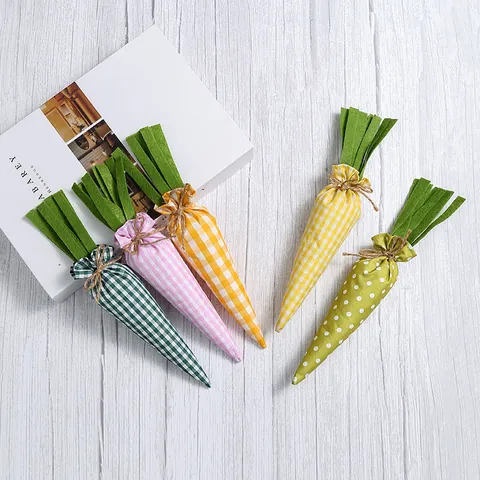 Easter Fabric Carrot Hanging Ornaments Plaid Polka Dot Cotton Carrot With Jute Bow Felt Leaf For Easter Party Scene Decoration Home Desk Ornament